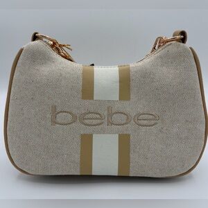 New Bebe Beige Canvas Shoulder Bag with White and Tan Stripes